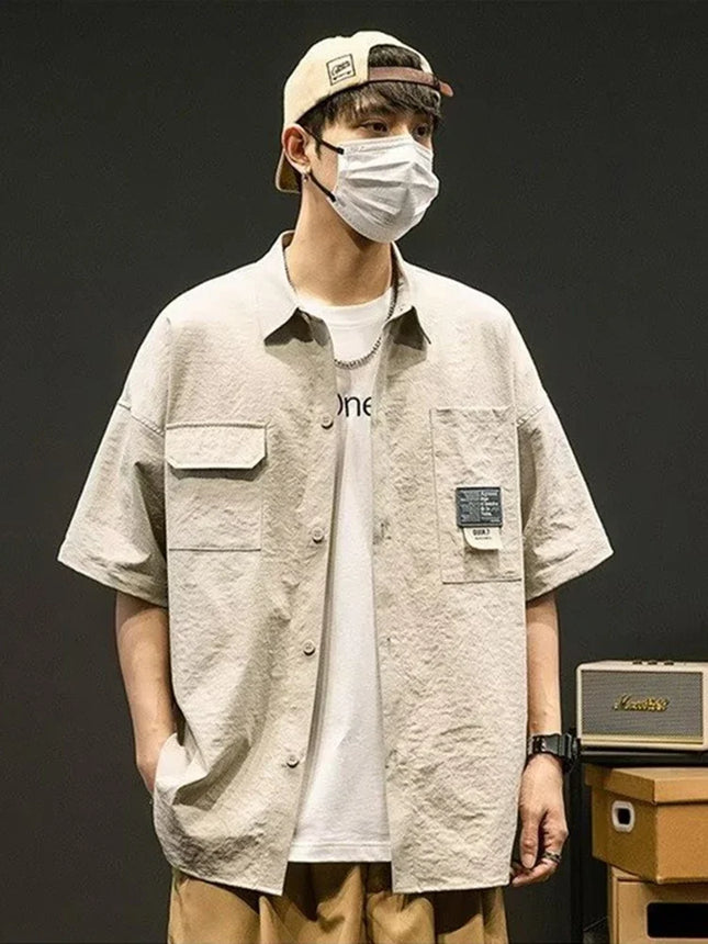 Summer Men Short Sleeve Shirts Japanese Casual Lapel Blouses High Street Multi-pocket Oversized Shirt Fashion Camisas De Hombre
