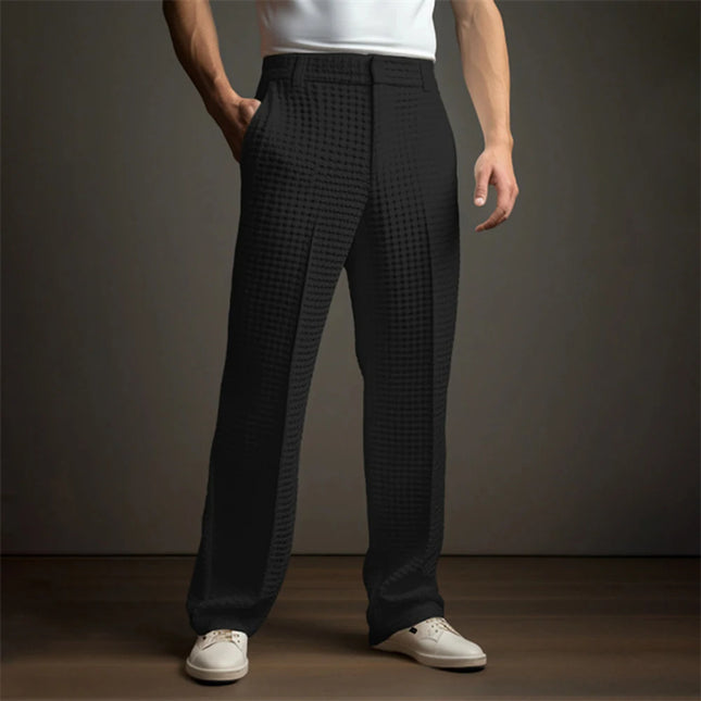 Mens Waffle Trousers Cotton Blend Business Casual Pants Autumn Fashion Commuting Solid Color Straight Pants Men'S Clothing 2024