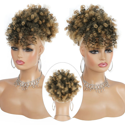 Ombre Brown Blonde Short Afro Puff Drawstring Ponytail Hair Bun, Synthetic Curly Bangs Wrap Around Headband Hairpieces for Women