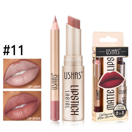 USHAS 12 Color Matte Lipstick Set Long-lasting Waterproof Lipstick + Lip Liner Set Easy Coloring Non-Stick Cup Lip Makeup Suit