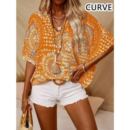 Plus Size 1XL-5XL Women's Fashion Print V-Neck Batwing Sleeve Blouse Top Ladies Casual Short Sleeve Summer Shirt Tops
