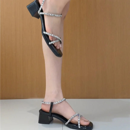 Designer Luxury Summer Women's Sandals Fashion Crystal Narrow Band Pumps Concise Thick Heel Party Dress Sandalias