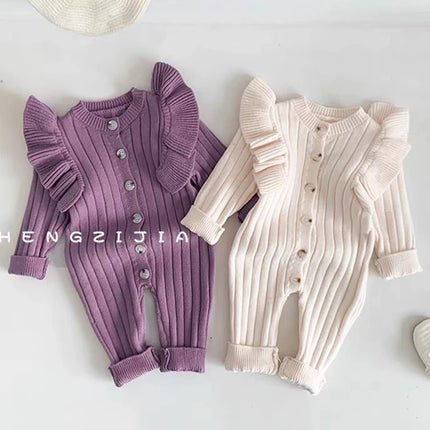 0-24M Newborn Baby Girl Autumn Winter Romper Long Sleeve O-Neck Knitting Jumpsuit Newborn Baby Knitted Purple Ruffled Clothing
