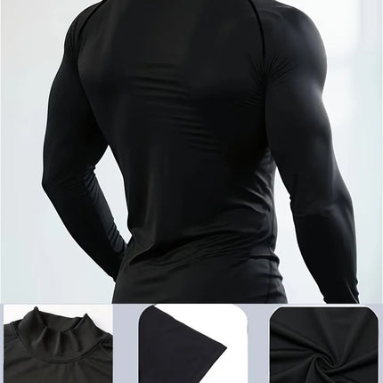 Men's Geometric Print Compression Shirt Quick-Drying Breathable Gym Workout T-Shirt Stretch Turtle Neck Training T-Shirt Tops