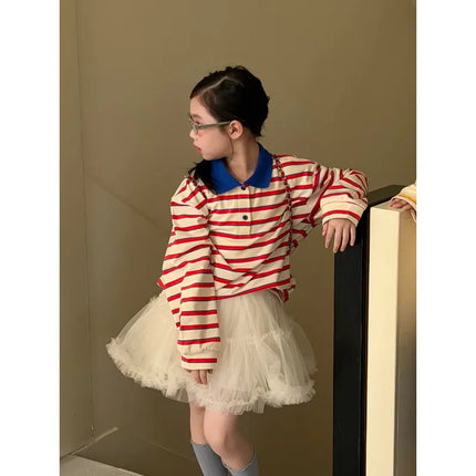 Children Long Sleeved T-shirt 2026 Spring  Autumn New Boy's Polo Shirt Striped Doll Collar Top Tees Girls Casual Clothes