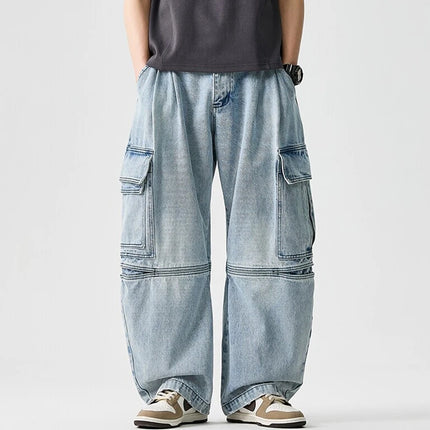 Men Denim Cargo Pants New Arrival 2026 Spring Safari Style Streetwear Vintage Big Pockets Loose Male Casual Wide Leg Jeans N063
