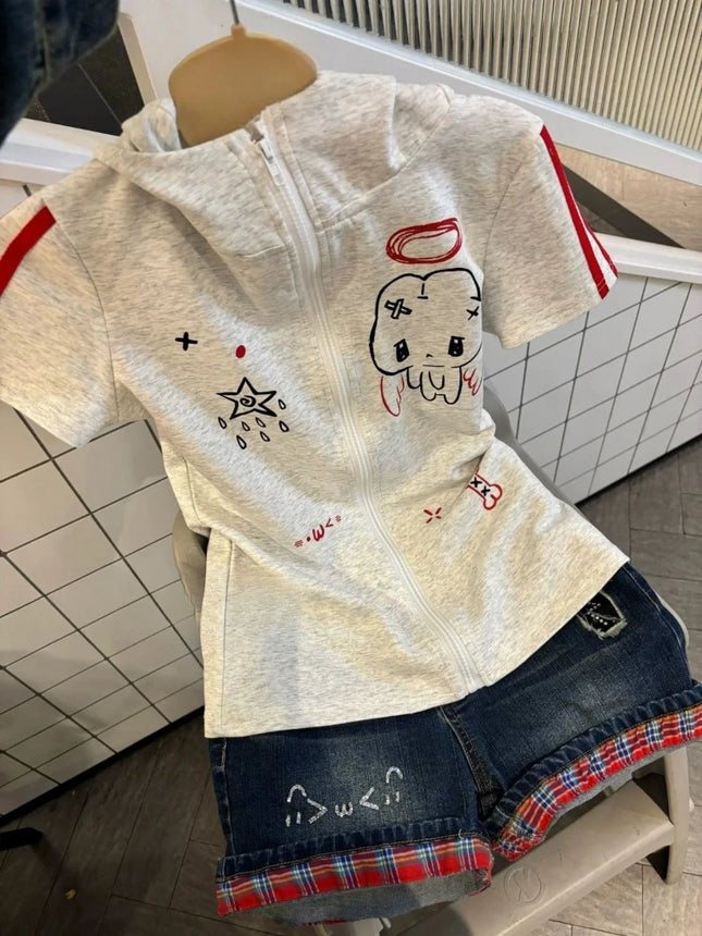 Summer Cartoon Printing Japanese Women Hoodies Preppy Style Rabbit's Ears Hooded Tops Y2K Aesthetic Slim Fit Tees Grunge