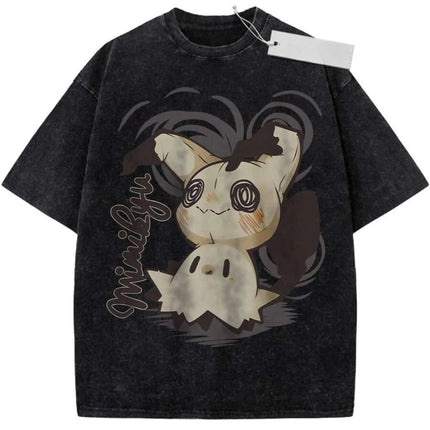 Oversize Vintage Washed Pokemon T Shirt Cute Mimikyu Cartoon with Small Ghost Companion Graffiti Print Streetwear Casual Wear