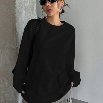 Women's Basic Long Sleeve Loose O-neck T-shirt Autumn Winter Solid Color Tee Top Streetwear