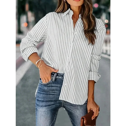 Plus Size 1XL-5XL Women's Casual Striped Long Sleeve Button Shirt New Fashionable Cotton Polyester Blend Top