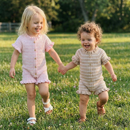 FOCUSNORM 0-24M Lovely Baby Girls Boys Summer Knit Romper Ruffle Trim Short Sleeve Button-up Jumpsuit Newborn Bodysuit