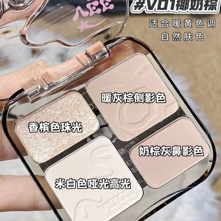 VEECCI 4 Color Contour Palette Powder Matte Shimmer Bronzer Highlighter Brighten  Nude Tones Longlasting Facial  Makeup