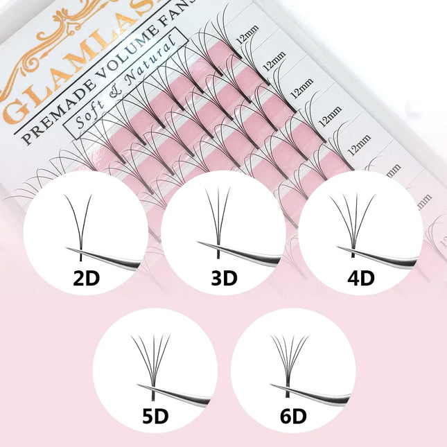 GLAMLASH 2D 3D 4D 5D 6D Long Stem False Lashes Premade Russian Volume Fans Faux Mink Premade Eyelash Extensions Makeup Cilios