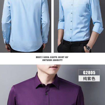 6XL Men Shirt Long Sleeve Slim Fit Luxury Smooth Soft Anti-wrinkle Non-ironing Solid Color Ice Silk Shirts Men Long Sleeve