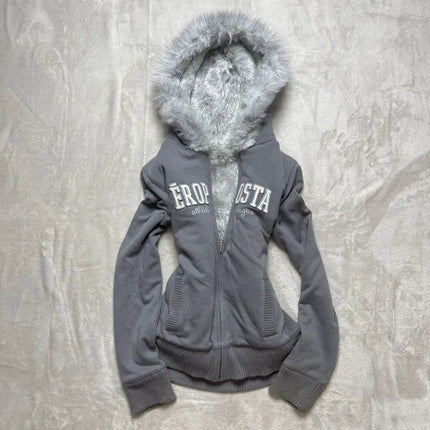 Women Sexy Slim Clothes Kawaii Letter Graphic Print Tops Jacket Harajuku Gothic Y2K Retro Fur Collar Zipper  Hoodie Sweatshirts