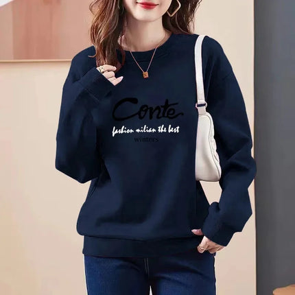 Thickened Fleece Women's Sweatshirt All-Match Comfortable One-Piece Velvet Winter Fashionable Cotton round Neck Printed Top