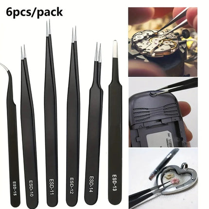 6 Pieces of Anti-Static Stainless Steel Tweezers, Precision Repair Industrial Maintenance Curved Tools, Household Model Making Hand Tools