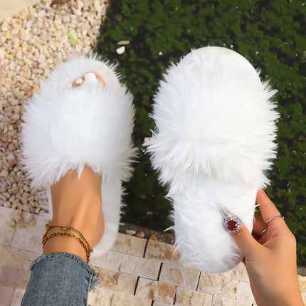 Cross Band Fur Slippers for Women Fluffy Open Toe Shoes Plush Flat Home Fuzzy Floor Slipper Woman Cozy Warm Soft Sole Anti Slip