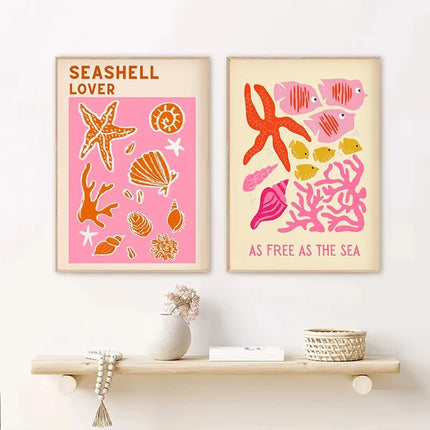 Summer Tropical Preppy Seashell Beach Poster Print Wine Lobster Canvas Art Painting Pictures Home for Modern Living Room Decor