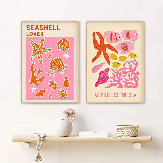 Summer Tropical Preppy Seashell Beach Poster Print Wine Lobster Canvas Art Painting Pictures Home for Modern Living Room Decor