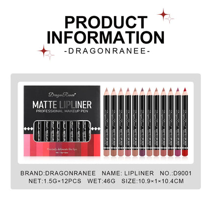 Long Lasting Matte Lip Liner 12 Colors Set Waterproof High Pigment Nude Wooden Pencil Lip Makeup Kit for Daily Use