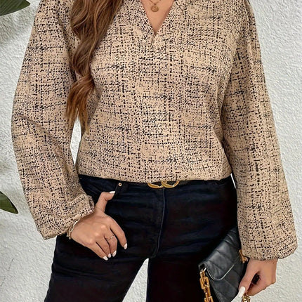 Plus Size Spring Autumn Women Elegant Shirt Casual Office Lady Plaid Tops Fashion V Neck Loose Long Sleeve Clothing