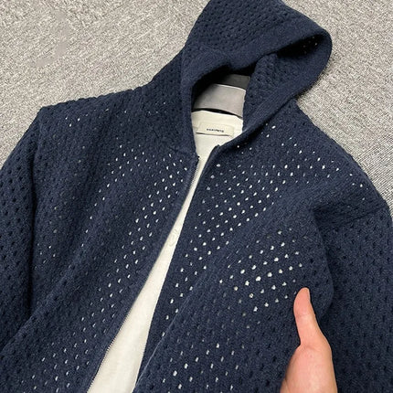 Men's Full Zip Hooded Knit Jacket Casual Hollow Out Mesh Zip Up Sweater Lightweight Summer Hoodie with Ribbed Cuffs
