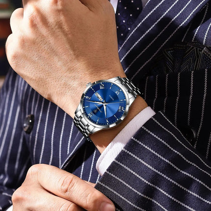 POEDAGAR Luxury Man Clock Waterproof Luminous Week Date Fashion Men's Wristwatch Stainless Steel Business Quartz Watches For Men