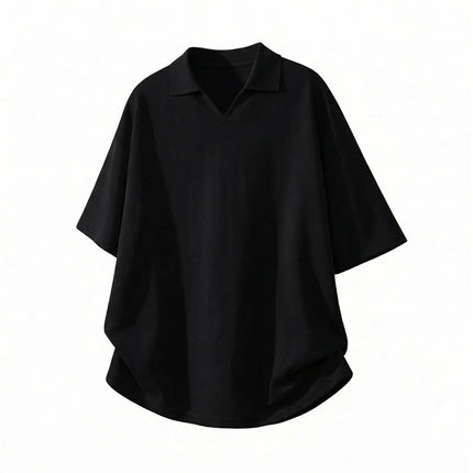 Men's Knitted V-Neck Polo Shirt Retro Solid Short-Sleeved T-Shirt Soft Breathable Loose-Fitting Casual Half-Sleeve T-Shirt