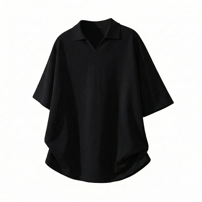 Men's Knitted V-Neck Polo Shirt Retro Solid Short-Sleeved T-Shirt Soft Breathable Loose-Fitting Casual Half-Sleeve T-Shirt