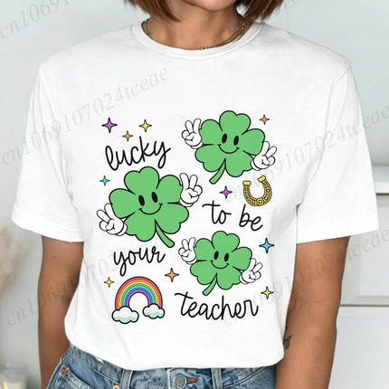 St Patrick's Day Teacher Shirt, Lucky Teacher Women's T-Shirts，Retro T-Shirts，unisex Tops Tees,short Sleeve Women's Clothing