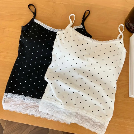 Sweet Sle Lace Polka Dot Svel Tank Top Padded Inner Wear Outerwear for Spring Summer Travel Outfit Casual Women's Vest