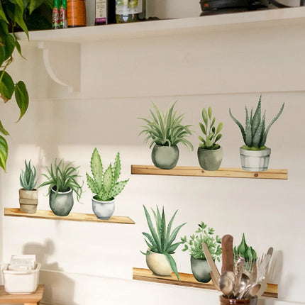 Fresh Green Potted Plant Shelf Stickers, Background Wall Decoration Living Room and Bedroom Self-adhesive Wall Stickers