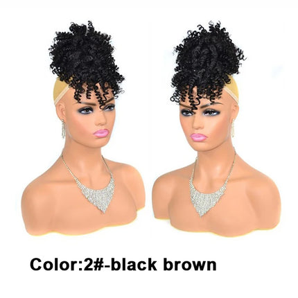 African American Synthetic Afro Puff Drawstring Ponytail Extension with Bangs Heat Resistant Soft Natural Look for Women Daily &
