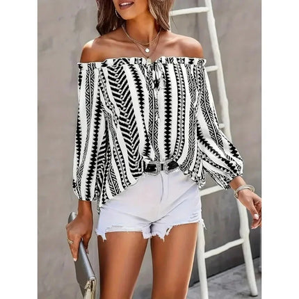 Plus Size 1XL-5XL Women Long Sleeve Sexy Slash Neck Blouse Casual Lacing Up Printed Tops Elegant Female Backless Loose Shirt