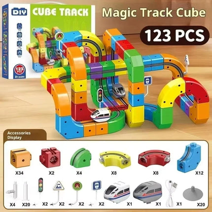 Electric Magnetic Track Set STEM Building Toy with Anti-Gravity Vehicles 100+ Pieces Creative DIY Railway Model for Kids Gift
