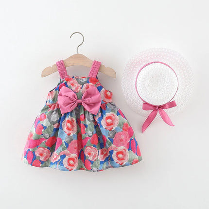 2 Pcs Summer Baby Girl Dress Sweet Oil Painting Flower Big Bow Cotton Cloth Dress Gift Hat Suitable for 0-3 Years Old
