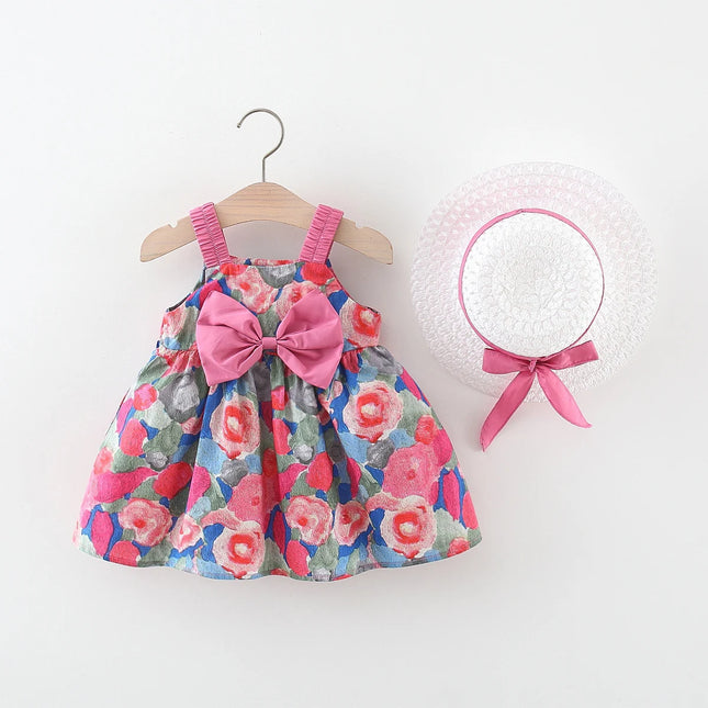 2 Pcs Summer Baby Girl Dress Sweet Oil Painting Flower Big Bow Cotton Cloth Dress Gift Hat Suitable for 0-3 Years Old