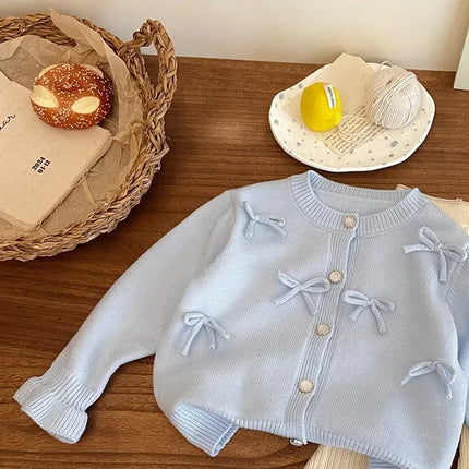 Childrens Clothing 2024 Autumn and Winter New Item Girls Bow Knit Cardigan Sweater Jacket Cute Baby Sweet Top Fashion