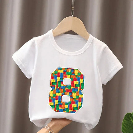 Summer Cotton Children's T-Shirt Building Blocks Bricks Print Number Cartoon Kid 2-9Y Birthday Funny Baby Tee Top Boy Girl Clothes