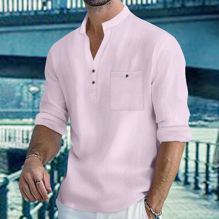 Men's Lightweight Shirts Long Sleeve Henley Cotton Linen Shirts for Male Beach Hawaiian V-neck Top Breathable Polo Shirts top