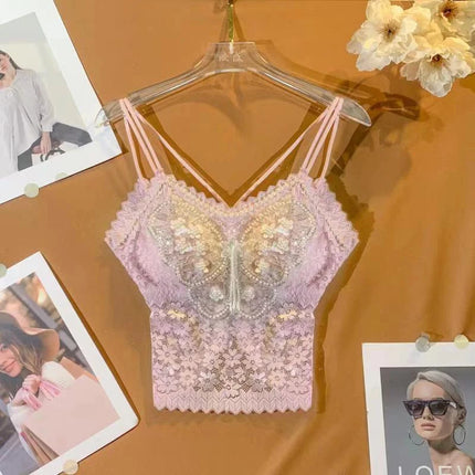 Women's Clothing Heavy Beaded Floral Tank Sexy Crop Tops Ropa Mujer Lace Butterfly Top Navel-Baring Sexy Cropped Top Summer Camis
