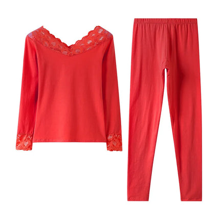 Women's Thermal Underwear Cotton Woman Winter Clothing Sexy Lingerie Set Long Johns Lace Bottoming Thermal Shirt Pant Sets 2Pcs