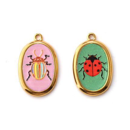2 Pcs 304 Stainless Steel Insect Charms 18K Gold Plated Oval Printed Ladybug Beetle Pendants For DIY Necklace 28mm X 17.5mm