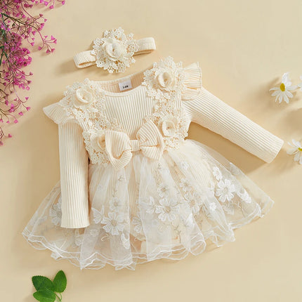 Pudcoco Baby Girls Romper Dress Mesh Lace Patchwork Long Sleeve Jumpsuits and Cute Headband Set for Toddler Infant 0-12M