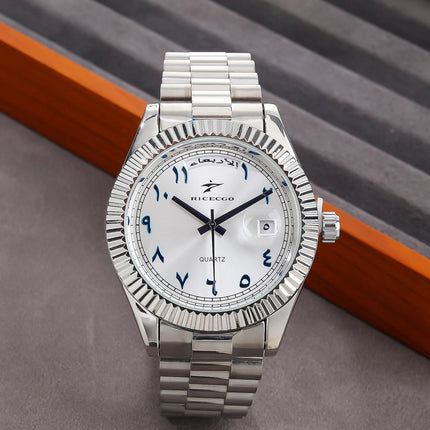 Business quartz watch with Arabic numeral markers, date display, textured dial, and bezel design, suitable for both business and leisure.