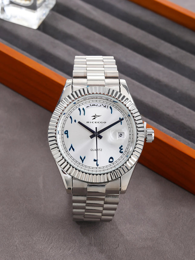 Business quartz watch with Arabic numeral markers, date display, textured dial, and bezel design, suitable for both business and leisure.