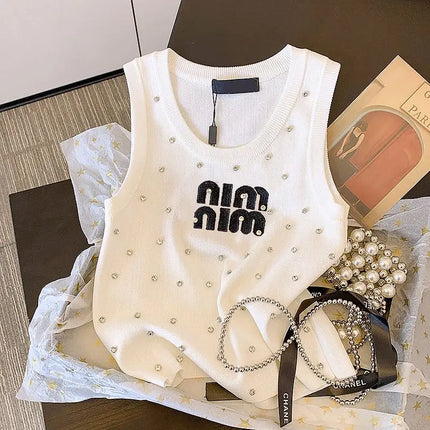 Summer Sexy Sleeveless Vest Women Korean Fashion Inlay Diamond Luxury Designer Slim Fit Knitted Tank Tops Women Camis Clothes