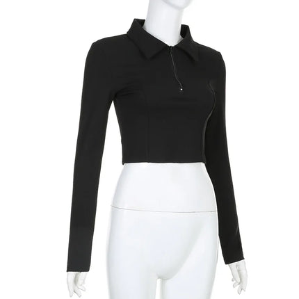 Women's T-shirt Autumn New Black Long Sleeves Crop Top Casual Fashion Zippers T-shirt Lady Turn-down Collar Sexy Tops Clothing