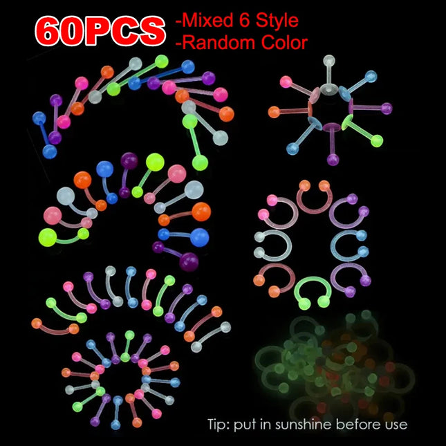 10/60pcs Glow In Dark Flexible Tongue Belly Lip Eyebrow Septum Ear Cartilage Daith Helix Piercing Earrings Punk Body Jewelry
